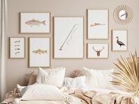 "Description Introducing my beautiful watercolor fishing and hunting art print set, perfect for fishing and hunting enthusiasts and nature lovers alike. This set showcases a range of stunning and intricate illustration of fishing poles, lures, rifle, trout, bass, deer and whistling duck.  These quality prints are sure to add a touch of charm to any room in your home or office, and they make the perfect gift for anyone who loves the fishing, hunting and great outdoors. Whether you are looking to