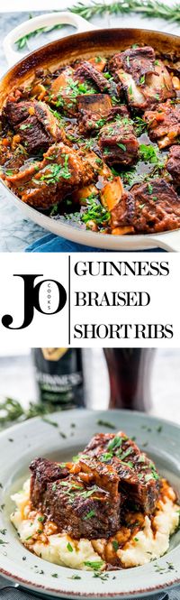 These melt-in-your-mouth Guinness Braised Short Ribs are hearty, super comforting and incredibly delicious, slowly cooked in stout, beef broth and lots of fresh herbs. www.jocooks.com #guinness