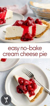 This Easy Cream Cheese Pie topped with cherry pie filling is a family-favorite dessert recipe! It’s rich, creamy and absolutely incredible! It’s also probably one of the easiest desserts to make. There’s no baking required and you only need 4 simple ingredients for the cream cheese filling. Perfect to serve for the holidays, Valentine’s Day, or any special occasion. This pie is silky, smooth, creamy, perfectly sweet, super quick, gorgeous and easy as pie!