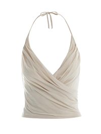 A sexy, modern classic, this halter top features our stretch mesh, a draped deep v-neckline and a self-tie at the back of the neck. A versatile essential for year-round-wear. Mesh Collection Imported Self: 95% Nylon, 5% Spandex Lining: 82% Polyester, 18% Spandex Model wears size X-Small This item is lined True to size