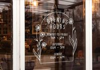 Custom opening hours vinyl decals for shop windows. Add your own text & logo. #openinghours #vinyldecals . #Window_Signs_For_Business #Window_Lettering_Design #Cute_Retail_Display #Floral_Window_Decal