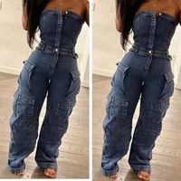 Denim Button Closure Strapless Cargo Jumpsuit Multiple Pockets Wide Leg