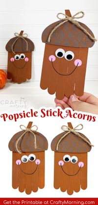 Popsicle Stick Acorn Craft for Kids- fun fall craft for kids. Fall popsicle stick dollar tree art project. Dollar tree jumbo sticks acorn fall art. Classrooms and at home project.