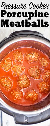 Classic retro dinner, made in the pressure cooker. Ground beef and rice meatballs in a simple tomato sauce. (No porcupines!) 30 minute dinner. #instantpot #pressurecooker #gluten-free