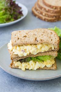 Delicious egg salad on sandwich bread. So easy to make for lunch with just a few ingredients for lunch.