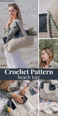 This is a crochet pattern for a large beach bag with two wide,  reinforced straps that are slip stitched to two bag layers to create pockets all the way around!