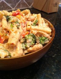 Chicken and veggie pasta in spicy cream sauce