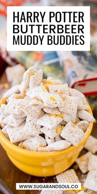 Harry Potter Butterbeer Muddy Buddies are made with rice Chex cereal, butterscotch, butter, toffee, and powdered sugar for a sweet and delicious snack! via @sugarandsoulco