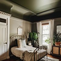 Dark Green Painted Ceiling in a Small Bedroom