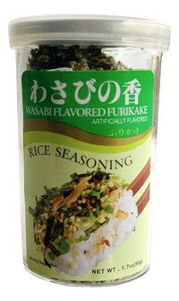 Furikake is a dried mixed seasoning sprinkled over rice for added flavor. This variety has a nice spicy wasabi (Japanese horseradish) flavor. Seasoning also includes sesame seeds, bonito (fish) flakes, mustard plant flakes and seaweed flakes. Other furikake varieties include salmon, shiso, seaweed and bonito fish. Net Wt. 1.7 oz.