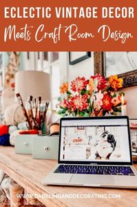 Discover the charm of this vintage eclectic sunroom, home office, and craft room makeover reveal. The colorful decor and design ideas will inspire you. #sunroom #sunroomdecor #homeoffice #homedecorblogger #homedecorblog #craftroom #craftspace #springhomedecor #springdecor #vintagehomedecor #vintagedecor #builtins #bookshelves #crafttable