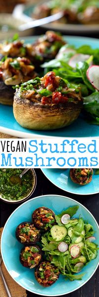 Vegan stuffed mushrooms are easy to make and packed with fresh herb-y, garlicky, citrus-y deliciousness. These little guys are great served as party finger food, a starter or a light main dish when paired with a fresh salad and crusty bread