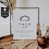 Minimal Icon Taco Bar/Buffet Menu Wedding Food Sign - Canva Template - Print at Home Looking for a unique and minimalistic Taco Bar sign for your wedding? Look no further than our minimalist wedding signs! Our signs are designed to perfectly match any wedding theme, and can be customised to include your own details, names, etc. These templates will make a great addition to your wedding reception décor and keep your guests informed!  ⭐️⭐️⭐️⭐️⭐️⭐️⭐️⭐️⭐️⭐️⭐️⭐️⭐️⭐️⭐️⭐️⭐️⭐️⭐️⭐️⭐️⭐️⭐️⭐️ This download