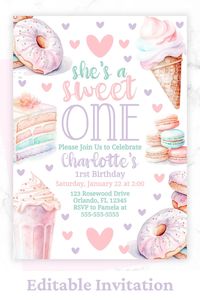 Shes a Sweet One Invitation Girl 1st Birthday Invite Girl First Birthday Invitation Template Instant Download First Birthday Party Girl SWE1 - Etsy