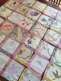 Great idea to use damaged linens, cut out the good parts! Vintage Linen Quilt