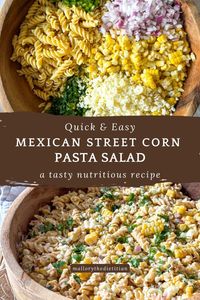 This Street Corn Pasta Salad is SO flavorful and easy! 😊 A great summer recipe for a crowd. Or enjoy it for an easy lunch. Made with fresh ingredients, this version of Mexican Street Corn Pasta salad is nutrient-rich and will leave you satisfied and energized! Made with roasted corn, fresh herbs, cotija cheese, and a creamy dressing. Click to make this easy summer pasta salad. Follow for more dietitian recipes including pasta salads and easy lunch ideas! Plant-based, vegetarian recipe.