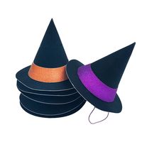 Get a little witchy this Halloween with this fun set of six mini witch hats we designed perfect for any party or celebration! With orange and purple details, these ready-to-wear party hats are the perfect something to bring some scary good fun to any Halloween.   - 4.5" x 4.75" - Mini witch hats - 6 hats in a package