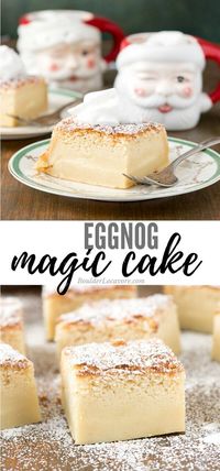 Transform your holiday dessert table with this easy-to-make Eggnog Magic Cake. With its creamy custard layer and light sponge cake on top, this Christmas treat is sure to wow your guests. Get the recipe now and indulge in a slice of holiday magic! #cake #dessertrecipe #Christmas #holidaytreat