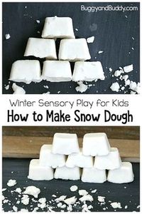 Make your own homemade snow dough! DIY white playdough with the perfect crumbly texture for pretend snow. Use it as a STEM activity for building or just a simple sensory play material! #buggyandbuddy #snow #snowdough #playdough #playdoughrecipe #sensoryplay #stem #winter #ece #preschool #kindergarten