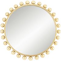 The Amalie modern round metal wall mirror by Uttermost offers an extra dose of charm through tasteful accenting. This chic mirror creates a soft aesthetic with a touch of glam, becoming an excellent choice for a master bedroom or entryway. A metallic gold leaf finish round iron frame features sphere edge detailing. Hosting a circular pane of non-beveled glass, this mirror is a go-to decorative element for a contemporary space.