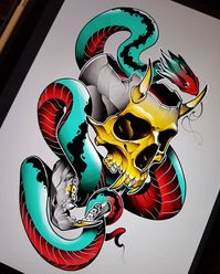 Awesome skull and snake by @alexis.tattoo.art! Love the color choices here. #tattoosmart to show us your digital designs.