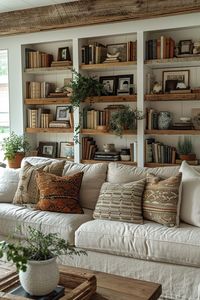 I love this use of space!!! I would add children's books on the lowest shelf behind the couch for easy access to the kids and you can't see it from the rest of the room so it doesn't take away from the aesthetic of the living room