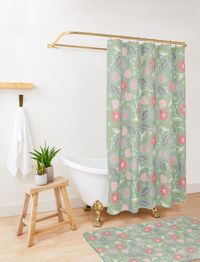 You can find this bathroom decor at redbubble.  Duschvorhang und Badematte mit einem abstrakten Blumen Muster auf Salbeigrün.   #redbubble #bathroom #bathroominteriordesignmodern #badezimmerideen #showercurtain #bathmat #duschvorhang #salbeigrün #sagegreen #flowerdesign