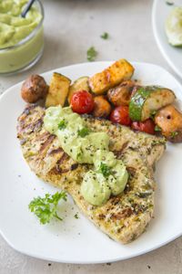 Grilled Swordfish with Avocado Mayonnaise recipe from RecipeGirl.com #grilled #swordfish #avocado #sauce #mayonnaise #recipe #RecipeGirl