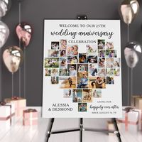 Heart Shaped Photo Collage wedding anniversary welcome sign which you can display at the celebration venue. The design features elegant handwritten script and formal typography in black and white. It is lettered with "welcome to our ## wedding anniversary celebration" and you can also add the names of the couple and their wedding date. The photo template is set up for you to add your pictures, which are displayed in landscape, portrait and square formats, to automatically display a heart shape.