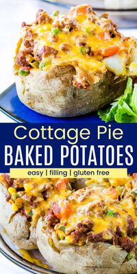 Turn your favorite comfort food casserole upside down to make Cottage Pie Baked Potatoes for a fun family dinner. Stuffed baked potatoes become a full meal when they are loaded with a ground beef Shepherd's Pie filling and plenty of melted cheese. This easy recipe will be a new (and naturally gluten free) favorite!