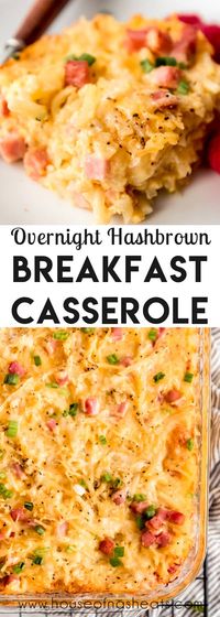 Nothing satisfies like this Easy Hashbrown Breakfast Casserole! It's loaded with eggs, ham, cheese, and of course, shredded potatoes, all seasoned perfectly and baked to savory, comforting perfection. This makes a fantastic Christmas morning or weekend breakfast and can even be made ahead so there is less prep in the morning. #breakfast #casserole #hashbrown #eggs #ham #cheese #best #Christmas #morning #bacon #sausage #tatertots