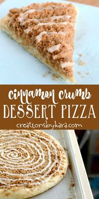 Recipe for Cinnamon Dessert Pizza with crumb topping. Every last bit of this Cinnamon Swirl Pizza will be devoured. Start baking! #cinnamonpizza #cinnamondessertpizza #cinnamoncrumbpizza #dessertpizza #creationsbykara