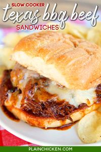 Slow Cooker Texas BBQ Beef Sandwiches - only 3 ingredients! Seriously delicious!! Serve beef on top of hamburger buns with a slice of cheese. Great for potlucks! We love this easy slow cooker beef recipe! Can freeze leftovers for a quick meal later! #slowcooker #crockpot #bbq #beef #chuckroast