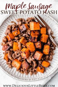 This easy-to-make Maple Sausage Sweet Potato Hash is a delicious sweet and savory recipe. It's the perfect side dish for breakfast, brunch or even dinner, but it can certainly be served as a well-rounded meal too. Maple Sausage Sweet Potato Hash is extra flavorful, easy to modify and a great, go-to recipe for anytime. | #hash #sweetpotatohash #sausagehash #breakfast #brunch