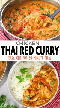 This Thai Red Curry Chicken is full of flavor, so easy to make at home, and healthier than the take-out kind! It's chicken and veggies, stewed in a delicious creamy coconut red curry sauce. Click for the full detailed recipe and full video! #thairecipes #thaifood #curry #chickenrecipe #chickenfoodrecipes #onepotmeal