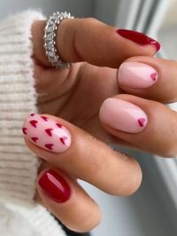 Milky white and red short nail designs with hearts for Valentine's Day