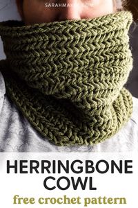 Free crochet pattern for herringbone cowl neck scarf. Easy for beginners. Great handmade gift idea.