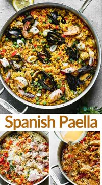 You can make a delicious, authentic Paella--the most popular dish of Spain--in your own kitchen with simple ingredients like rice, saffron, vegetables, chicken, and seafood. If you love cooking International food, you will fall in love with this comforting dish! #paella #spanish #rice #seafood #onepan #easy via @betrfromscratch