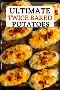 Easy recipe for cheesy, bacon-loaded twice-baked potatoes. Perfect comfort food for weeknights or parties! #twicbakedpotatoes #potatorecipes #easydinner #comfortfood