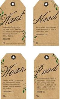 Printable tags with Bible verses for 4 Christmas gifts - something they want, need, wear, and read