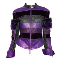 Gianfranco Ferrè runway leather jacket from Fall/Winter 2002, look 52 on the runway - Dyed purple/forest green lambskin leather - Swarovski buckle - Dyed fox fur sleeves - Black velvet cuts - Hand-made beadwork - Lace-up side panels Size 46 Shoulder to shoulder: 45,5 cm / 17.9 inch Pit to pit: 47 cm / 18.5 inch Sleeve length: 68 cm / 26.7 inch