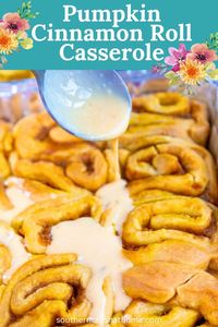 Cinnamon rolls never tasted so good! This pumpkin cinnamon roll casserole recipe has thick, chewy cinnamon rolls, infused with a layer of pumpkin puree, that are then baked to perfection and drizzled with a rich cream cheese frosting. It doesn't get much better than this, let me tell you. 👇👇Easy Weekend Breakfast Pumpkin Cinnamon Roll Casserole https://www.southerncrushathome.com/pumpkin-cinnamon-roll-casserole/ #cinnamonrollcasserole #pumpkincinnamonrolls