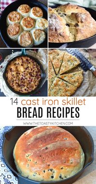 14 cast iron skillet bread recipe round up by The Toasty Kitchen. Today I'm sharing with you 14 cast iron skillet bread recipes. Whether on the stove top or in the oven, you'll find a variety of delicious homemade bread recipes on this list. #homemade #bread #breadrecipes #castironskillet #castironbread #skilletbread #homemadebread #breadfromscratch #fromscratch #recipes