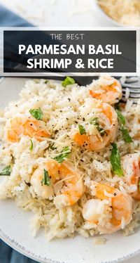 This Parmesan Basil Shrimp and Rice is packed with tender shrimp and fluffy white rice, enveloped with a Parmesan and basil cream sauce. It's easy to make and ready in less than 20 minutes! #shrimp #parmesan #parmesanshrimp #parmesanrice #basil #seafood #shrimpdinner #shrimprecipe #easydinner