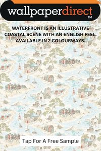 A fabric featuring an illustrative coastal scene of beach huts, seagulls, and all manner of coastal icons with a very charming English feel. Shop now on our website!