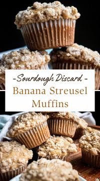 These sourdough discard banana muffins are moist, sweet, and a great way to use up 4 of your ripe bananas and ⅓ cup of sourdough discard! These muffins are delicious by themselves, but I love to add a streusel topping for some extra crunchy sweetness. Add these to your rotation for a fun and easy breakfast, dessert, or snack.