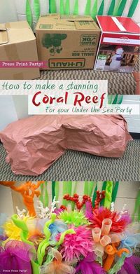 How to Make a Stunning Coral Reef for you Under the Sea Party, Mermaid Party, or VBS. By Press Print Party #OceanCommotion #Underthesea #mermaid Decorations