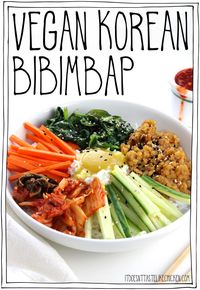 Vegan Korean Bibimbap with a vegan egg yolk! This Korean inspired vegan bibimbap is full of flavour with sweet and savoury lentils, sautéed spinach, kimchi, fresh carrots and cucumbers, and a rich and easy to make vegan egg yolk sauce. #itdoesnttastelikechicken #bibimbap #veganrecipes #koreanrecipe