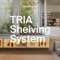 One of the new elements that have been added to the TRIA shelving system is a display glass door that closes the cabinet while also showcasing the objects inside it. The content of the cabinets is thus revealed and enhanced by the light fixture, providing also some storage in the living room.