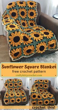 Plant a whole field of lovely crocheted sunflowers without even having to leave your favorite comfy chair! This FREE sunflower blanket / afghan pattern has tons of photos to guide you, and is easy and fun! The squares are similar to granny squares, so you can customize how big or small your throw blanket is by making the amount of squares desired. Crochet one of these fab floral blankets now with my FREE pattern!